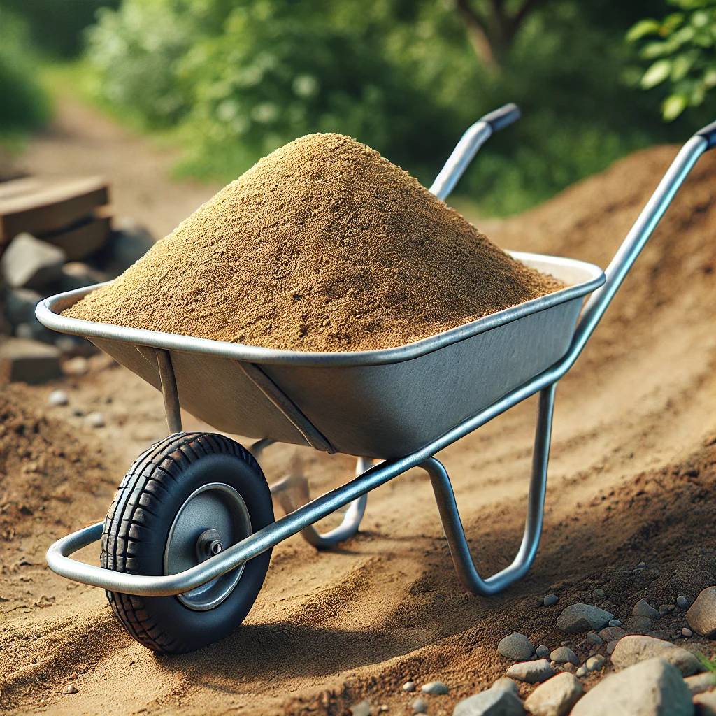 DALL·E 2024-10-07 11.16.29 - A realistic scene of a wheelbarrow filled with a pile of river sand. The wheelbarrow has a simple metal frame with a single wheel at the front and two River sand wheelbarrow